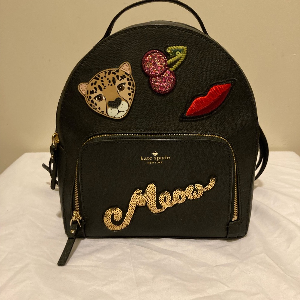 Kate Spade Meow Cat Novelty Backpack Leopard Cherry Black Leather